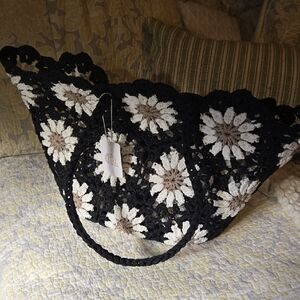 New Elegant Black and Cream Crochet Tote Bag